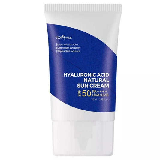 Isntree Hyaluronic Acid Natural Sun Cream SPF50+/PA++++ 50 ml pro vysokou ochranu a hydrataci pleti.